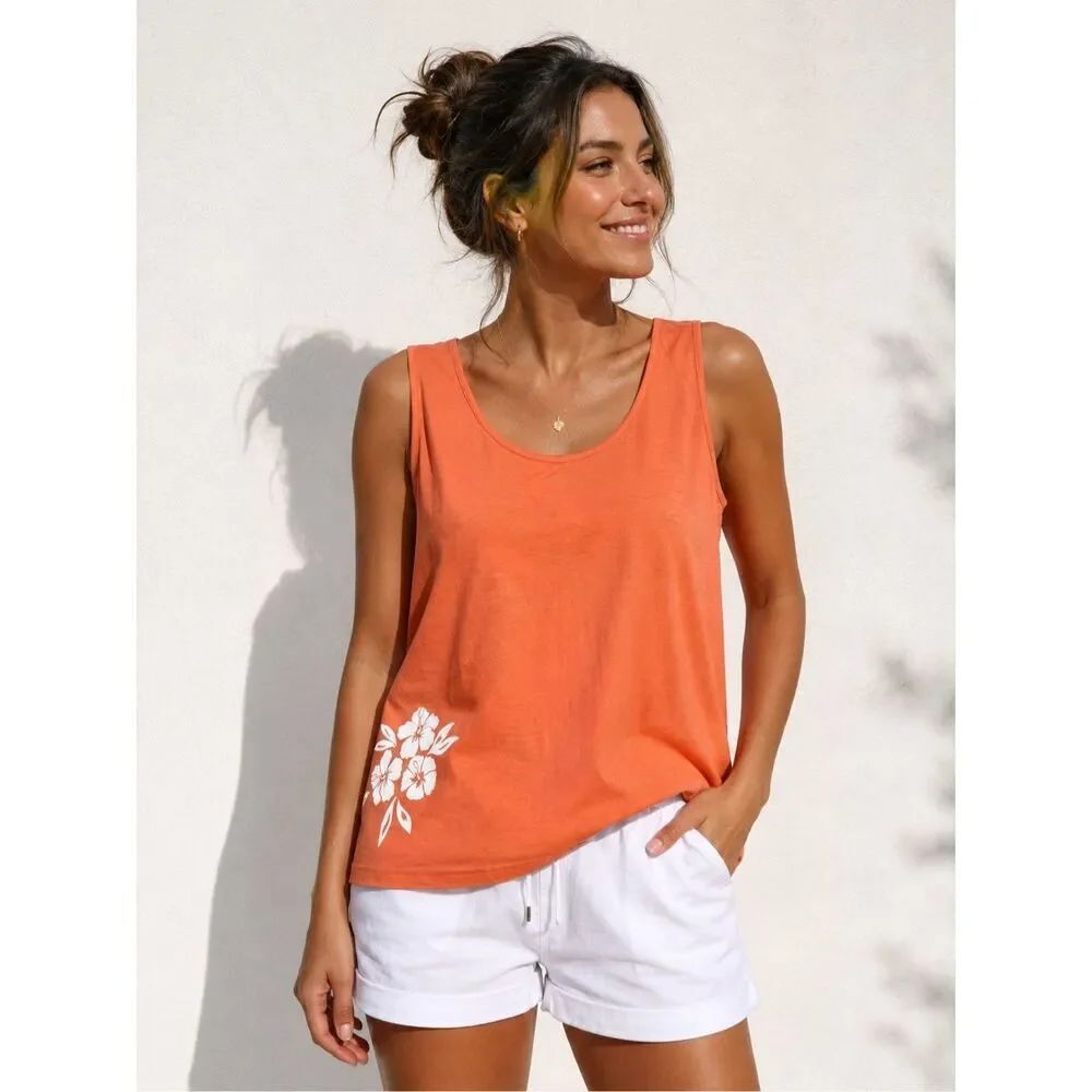 BPC Selection Orange Floral Print Sleeveless Cotton Tank Top Womens US Size L